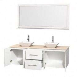 72 inch Double Bathroom Vanity in Matte White, Ivory Marble Countertop, Pyra White Porcelain Sinks, and 70 inch Mirror