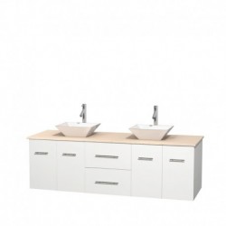 72 inch Double Bathroom Vanity in Matte White, Ivory Marble Countertop, Pyra White Porcelain Sinks, and No Mirror