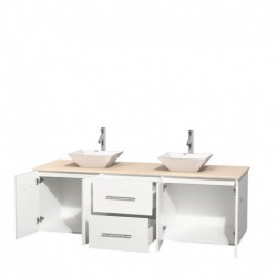 72 inch Double Bathroom Vanity in Matte White, Ivory Marble Countertop, Pyra White Porcelain Sinks, and No Mirror