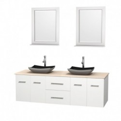 72 inch Double Bathroom Vanity in Matte White, Ivory Marble Countertop, Altair Black Granite Sinks, and 24 inch Mirrors