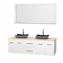 72 inch Double Bathroom Vanity in Matte White, Ivory Marble Countertop, Altair Black Granite Sinks, and 70 inch Mirror