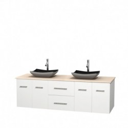 72 inch Double Bathroom Vanity in Matte White, Ivory Marble Countertop, Altair Black Granite Sinks, and No Mirror