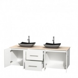 72 inch Double Bathroom Vanity in Matte White, Ivory Marble Countertop, Altair Black Granite Sinks, and No Mirror