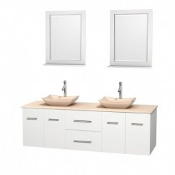 72 inch Double Bathroom Vanity in Matte White, Ivory Marble Countertop, Avalon Ivory Marble Sinks, and 24 inch Mirrors