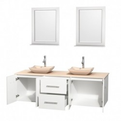 72 inch Double Bathroom Vanity in Matte White, Ivory Marble Countertop, Avalon Ivory Marble Sinks, and 24 inch Mirrors