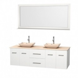 72 inch Double Bathroom Vanity in Matte White, Ivory Marble Countertop, Avalon Ivory Marble Sinks, and 70 inch Mirror