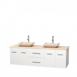72 inch Double Bathroom Vanity in Matte White, Ivory Marble Countertop, Avalon Ivory Marble Sinks, and No Mirror