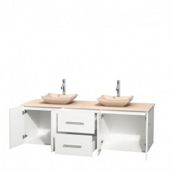 72 inch Double Bathroom Vanity in Matte White, Ivory Marble Countertop, Avalon Ivory Marble Sinks, and No Mirror