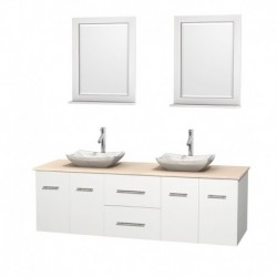 72 inch Double Bathroom Vanity in Matte White, Ivory Marble Countertop, Avalon White Carrera Marble Sinks, and 24 inch Mirrors