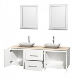 72 inch Double Bathroom Vanity in Matte White, Ivory Marble Countertop, Avalon White Carrera Marble Sinks, and 24 inch Mirrors