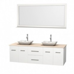 72 inch Double Bathroom Vanity in Matte White, Ivory Marble Countertop, Avalon White Carrera Marble Sinks, and 70 inch Mirror