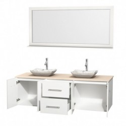 72 inch Double Bathroom Vanity in Matte White, Ivory Marble Countertop, Avalon White Carrera Marble Sinks, and 70 inch Mirror