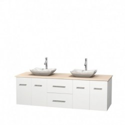 72 inch Double Bathroom Vanity in Matte White, Ivory Marble Countertop, Avalon White Carrera Marble Sinks, and No Mirror