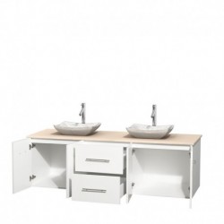 72 inch Double Bathroom Vanity in Matte White, Ivory Marble Countertop, Avalon White Carrera Marble Sinks, and No Mirror