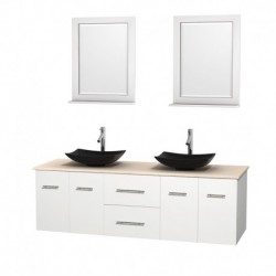 72 inch Double Bathroom Vanity in Matte White, Ivory Marble Countertop, Arista Black Granite Sinks, and 24 inch Mirrors