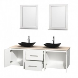 72 inch Double Bathroom Vanity in Matte White, Ivory Marble Countertop, Arista Black Granite Sinks, and 24 inch Mirrors
