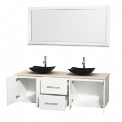 72 inch Double Bathroom Vanity in Matte White, Ivory Marble Countertop, Arista Black Granite Sinks, and 70 inch Mirror