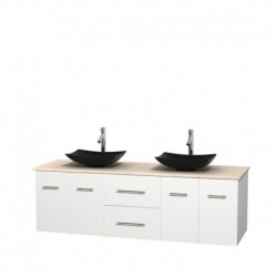72 inch Double Bathroom Vanity in Matte White, Ivory Marble Countertop, Arista Black Granite Sinks, and No Mirror