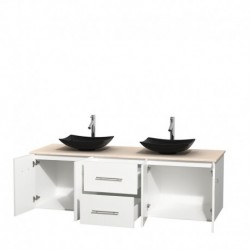 72 inch Double Bathroom Vanity in Matte White, Ivory Marble Countertop, Arista Black Granite Sinks, and No Mirror