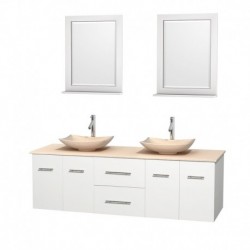 72 inch Double Bathroom Vanity in Matte White, Ivory Marble Countertop, Arista Ivory Marble Sinks, and 24 inch Mirrors