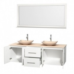 72 inch Double Bathroom Vanity in Matte White, Ivory Marble Countertop, Arista Ivory Marble Sinks, and 70 inch Mirror