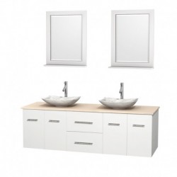 72 inch Double Bathroom Vanity in Matte White, Ivory Marble Countertop, Arista White Carrera Marble Sinks, and 24 inch Mirrors