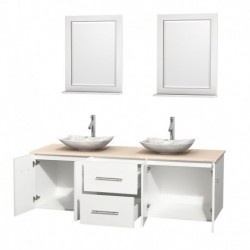 72 inch Double Bathroom Vanity in Matte White, Ivory Marble Countertop, Arista White Carrera Marble Sinks, and 24 inch Mirrors