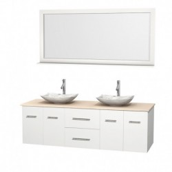 72 inch Double Bathroom Vanity in Matte White, Ivory Marble Countertop, Arista White Carrera Marble Sinks, and 70 inch Mirror