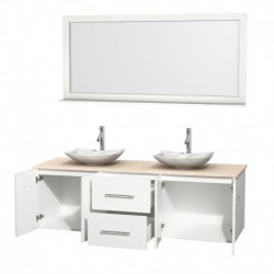 72 inch Double Bathroom Vanity in Matte White, Ivory Marble Countertop, Arista White Carrera Marble Sinks, and 70 inch Mirror