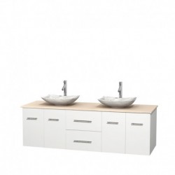 72 inch Double Bathroom Vanity in Matte White, Ivory Marble Countertop, Arista White Carrera Marble Sinks, and No Mirror