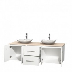 72 inch Double Bathroom Vanity in Matte White, Ivory Marble Countertop, Arista White Carrera Marble Sinks, and No Mirror