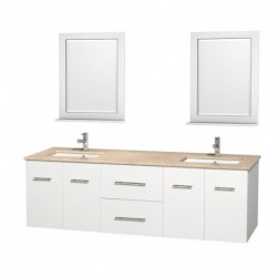 72 inch Double Bathroom Vanity in Matte White, Ivory Marble Countertop, Undermount Square Sink, and 24 inch Mirrors