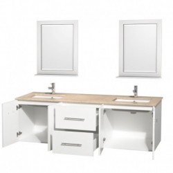 72 inch Double Bathroom Vanity in Matte White, Ivory Marble Countertop, Undermount Square Sink, and 24 inch Mirrors