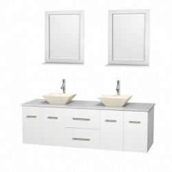 72 inch Double Bathroom Vanity in Matte White, White Man-Made Stone Countertop, Pyra Bone Porcelain Sinks, and 24 inch Mirrors