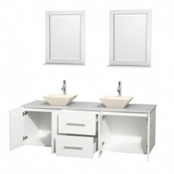 72 inch Double Bathroom Vanity in Matte White, White Man-Made Stone Countertop, Pyra Bone Porcelain Sinks, and 24 inch Mirrors