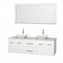 72 inch Double Bathroom Vanity in Matte White, White Man-Made Stone Countertop, Pyra Bone Porcelain Sinks, and 70 inch Mirror