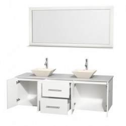 72 inch Double Bathroom Vanity in Matte White, White Man-Made Stone Countertop, Pyra Bone Porcelain Sinks, and 70 inch Mirror