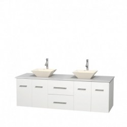 72 inch Double Bathroom Vanity in Matte White, White Man-Made Stone Countertop, Pyra Bone Porcelain Sinks, and No Mirror