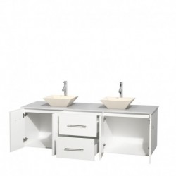72 inch Double Bathroom Vanity in Matte White, White Man-Made Stone Countertop, Pyra Bone Porcelain Sinks, and No Mirror