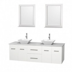 72 inch Double Bathroom Vanity in Matte White, White Man-Made Stone Countertop, Pyra White Porcelain Sinks, and 24 inch Mirrors