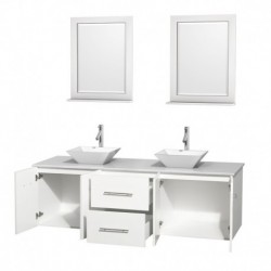 72 inch Double Bathroom Vanity in Matte White, White Man-Made Stone Countertop, Pyra White Porcelain Sinks, and 24 inch Mirrors