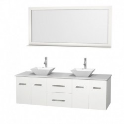 72 inch Double Bathroom Vanity in Matte White, White Man-Made Stone Countertop, Pyra White Porcelain Sinks, and 70 inch Mirror