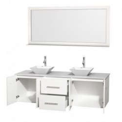 72 inch Double Bathroom Vanity in Matte White, White Man-Made Stone Countertop, Pyra White Porcelain Sinks, and 70 inch Mirror