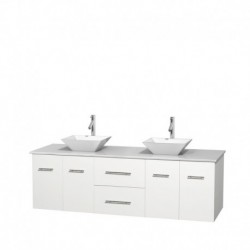 72 inch Double Bathroom Vanity in Matte White, White Man-Made Stone Countertop, Pyra White Porcelain Sinks, and No Mirror