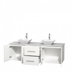 72 inch Double Bathroom Vanity in Matte White, White Man-Made Stone Countertop, Pyra White Porcelain Sinks, and No Mirror