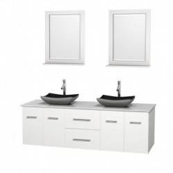 72 inch Double Bathroom Vanity in Matte White, White Man-Made Stone Countertop, Altair Black Granite Sinks, and 24 inch Mirrors