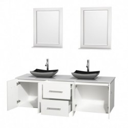 72 inch Double Bathroom Vanity in Matte White, White Man-Made Stone Countertop, Altair Black Granite Sinks, and 24 inch Mirrors