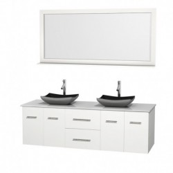 72 inch Double Bathroom Vanity in Matte White, White Man-Made Stone Countertop, Altair Black Granite Sinks, and 70 inch Mirror