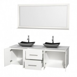 72 inch Double Bathroom Vanity in Matte White, White Man-Made Stone Countertop, Altair Black Granite Sinks, and 70 inch Mirror