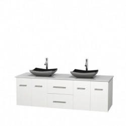 72 inch Double Bathroom Vanity in Matte White, White Man-Made Stone Countertop, Altair Black Granite Sinks, and No Mirror